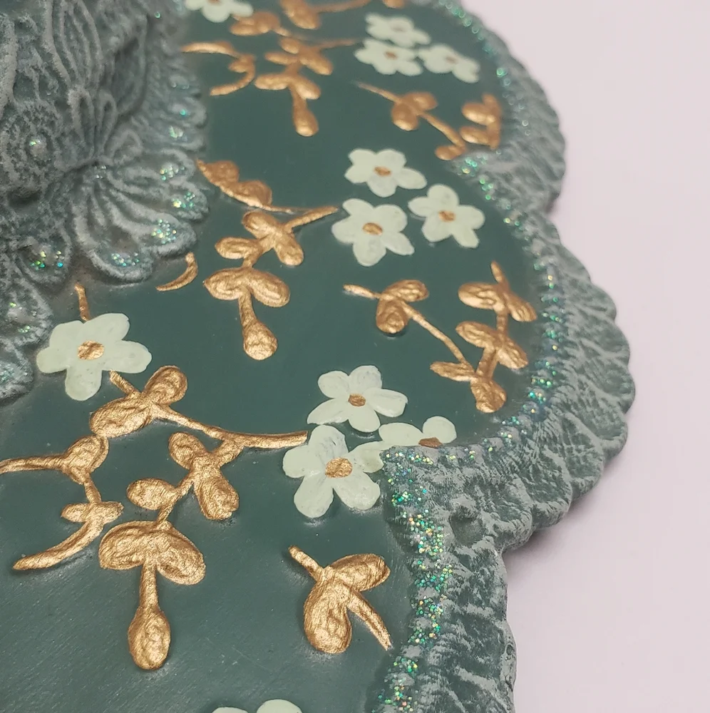 Ceramic Hand Painted Green & Gold Floral Ladies Hat Wall Hanging Artist Signed